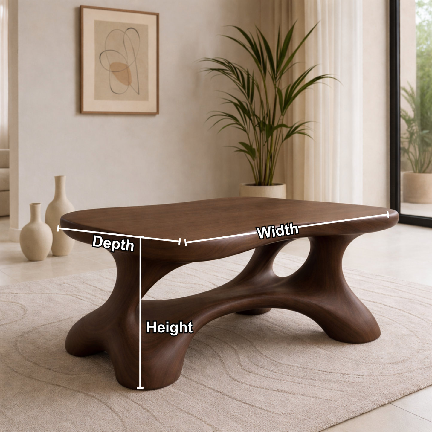Solid Wood Sculptural Coffee Table with Organic Curved Base Kitchnce