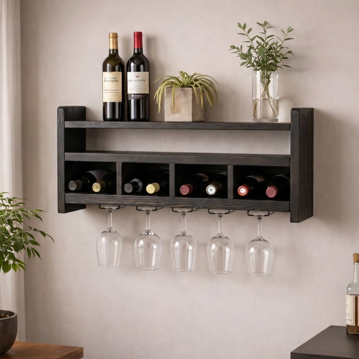 Handcrafted Wooden Wall Wine Rack with Glass Holder – Modern Home Bar Shelf
