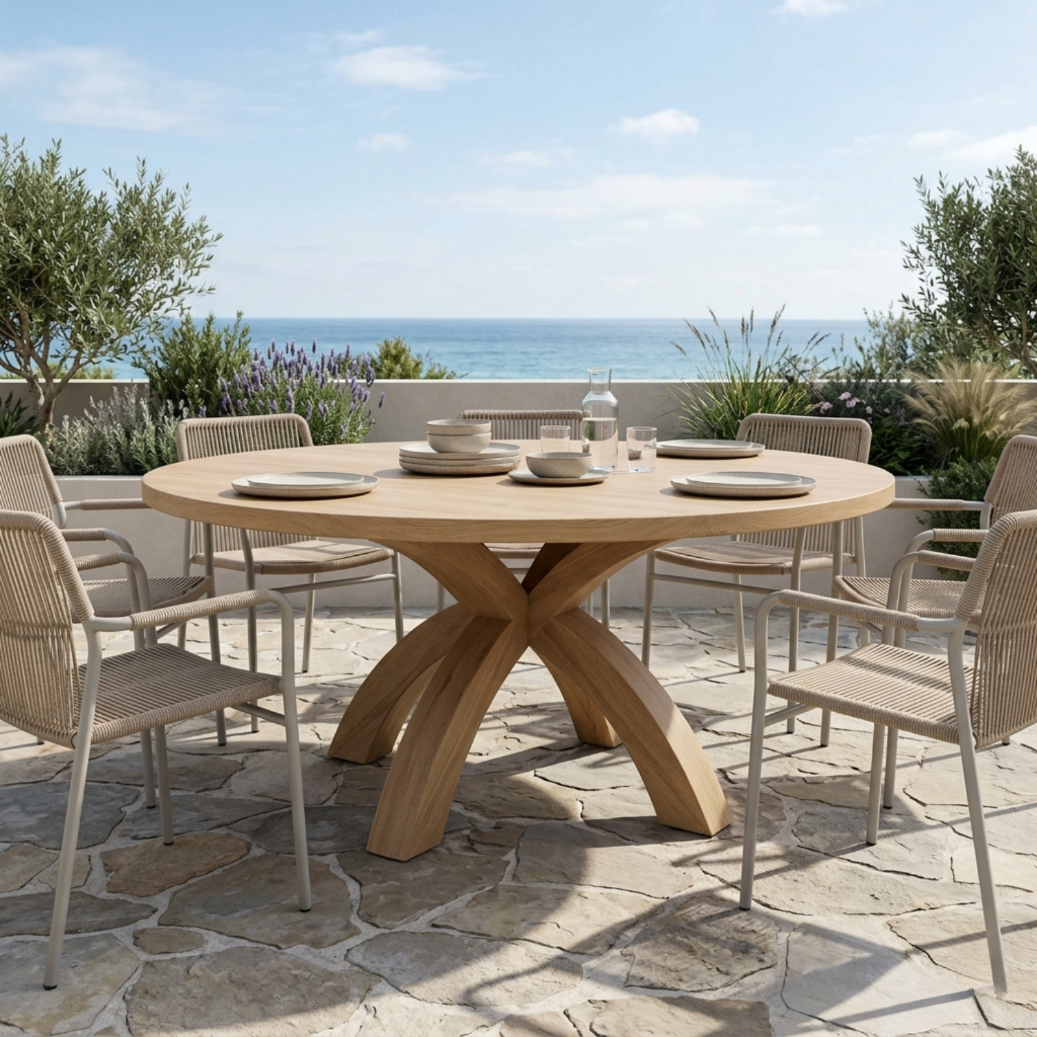 Round Solid Wood Outdoor Dining Table with Curved X Pedestal Base ...