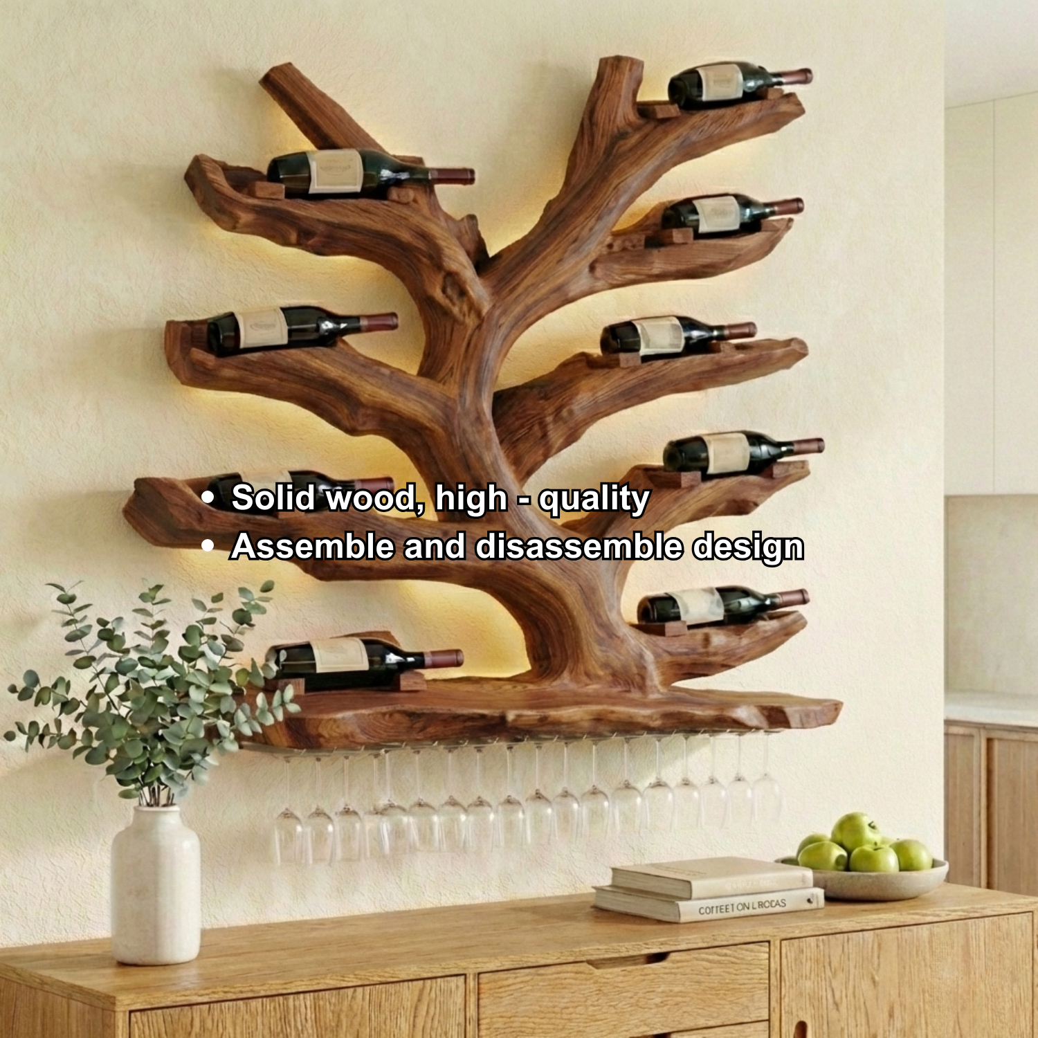 Handcrafted Solid Wood Wall Wine Holder – Tree-Inspired Wine Rack with Glass Storage
