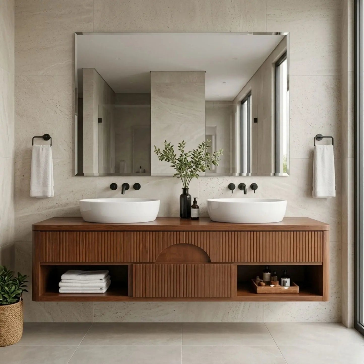 Floating Bathroom Vanity with Fluted Wood Front and Center Arch Drawer Design Kitchnce