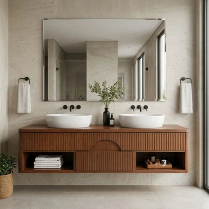 Floating Bathroom Vanity with Fluted Wood Front and Center Arch Drawer Design Kitchnce