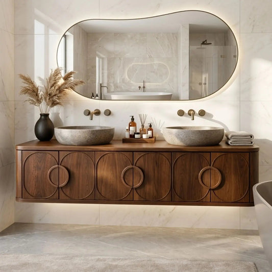 Floating Bathroom Vanity with Circular Carved Doors and Sculptural Ring Handles Kitchnce