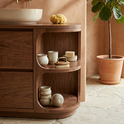 Solid Wood Bathroom Vanity with Curved Side Shelves and Two Drawers