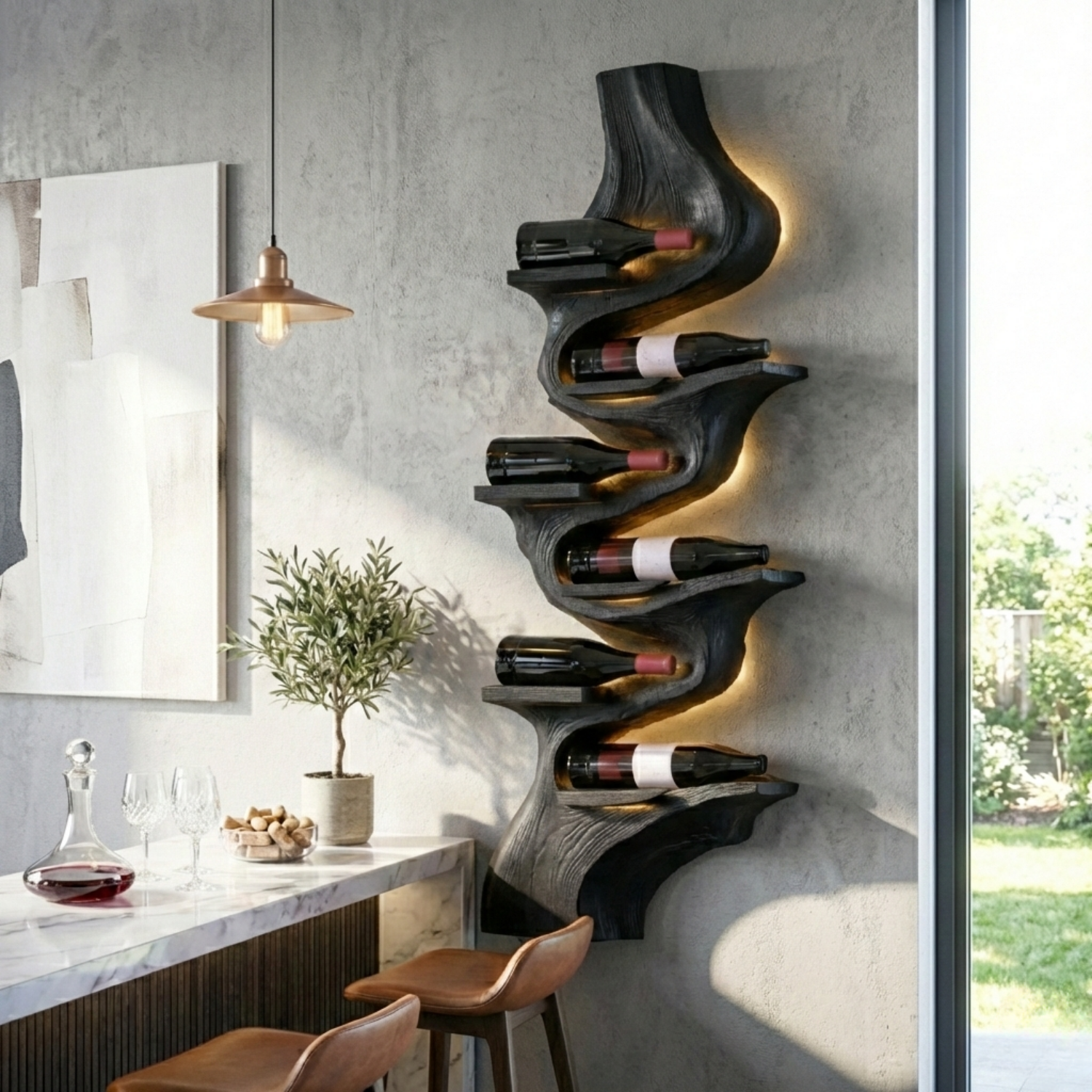 Handcrafted Solid Wood Vertical Wine Holder – Sculptural Wall Mounted Wine Rack