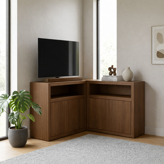 Solid Wood Corner TV Stand with Cabinet Storage and Open Media Shelf