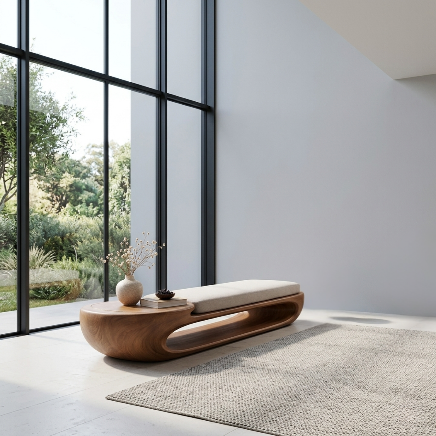Organic Curved Solid Wood Entryway Bench with Sculptural Open Base Design