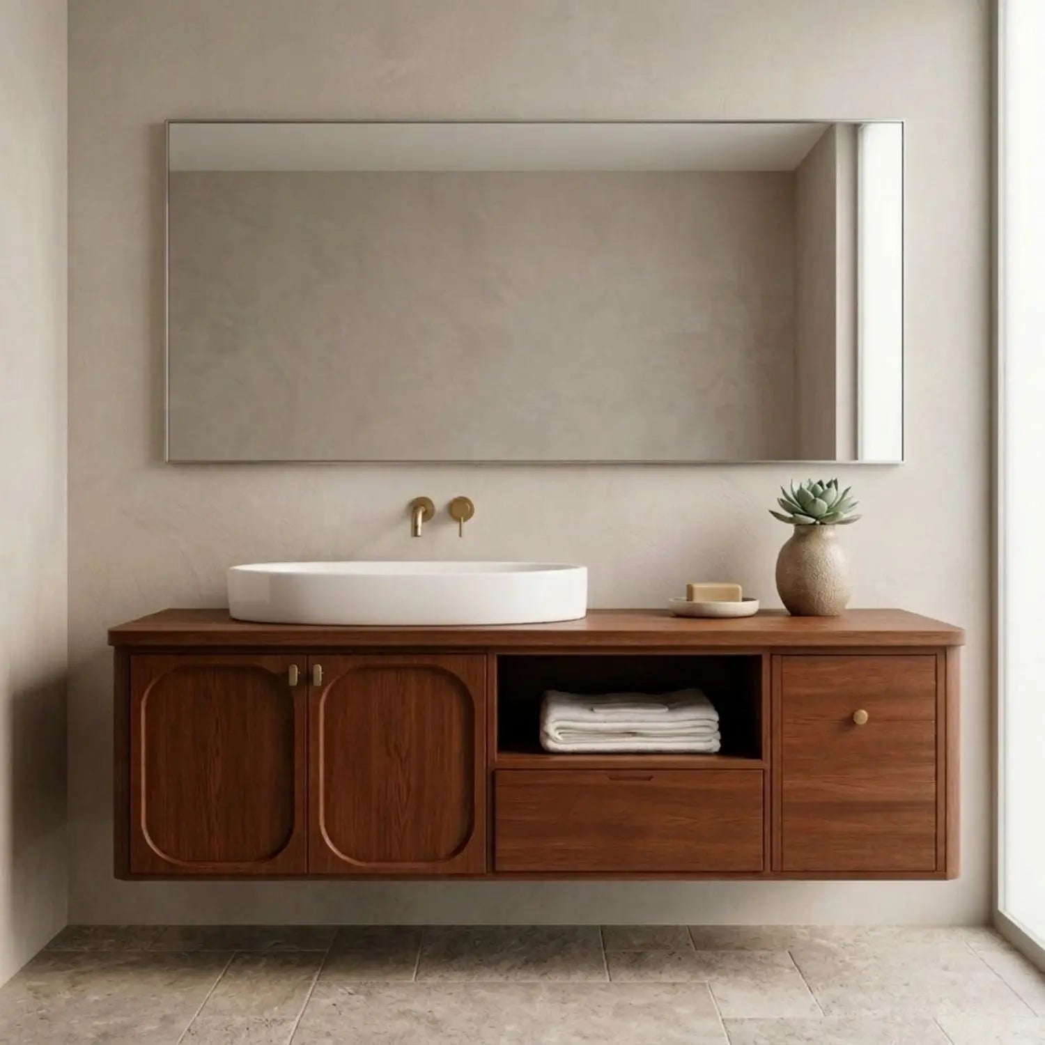 Floating Bathroom Vanity with Arched Cabinet Doors Drawer and Open Shelf Storage Kitchnce