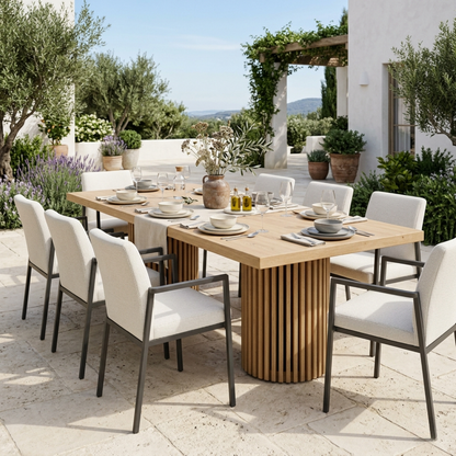 Rectangular Solid Wood Outdoor Dining Table with Fluted Pedestal Base