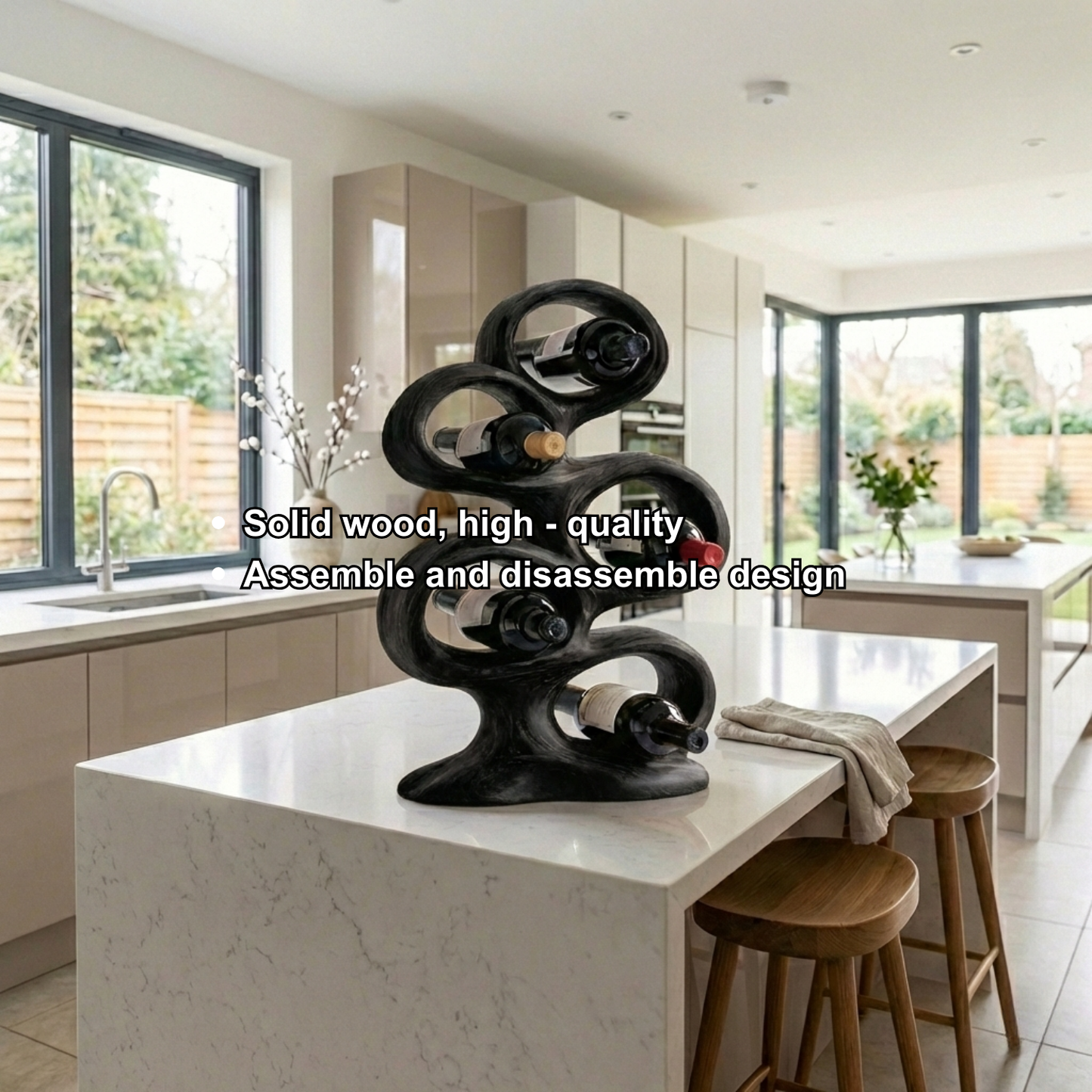 Handcrafted Solid Wood Wine Holder – Sculptural Loop Countertop Wine Rack
