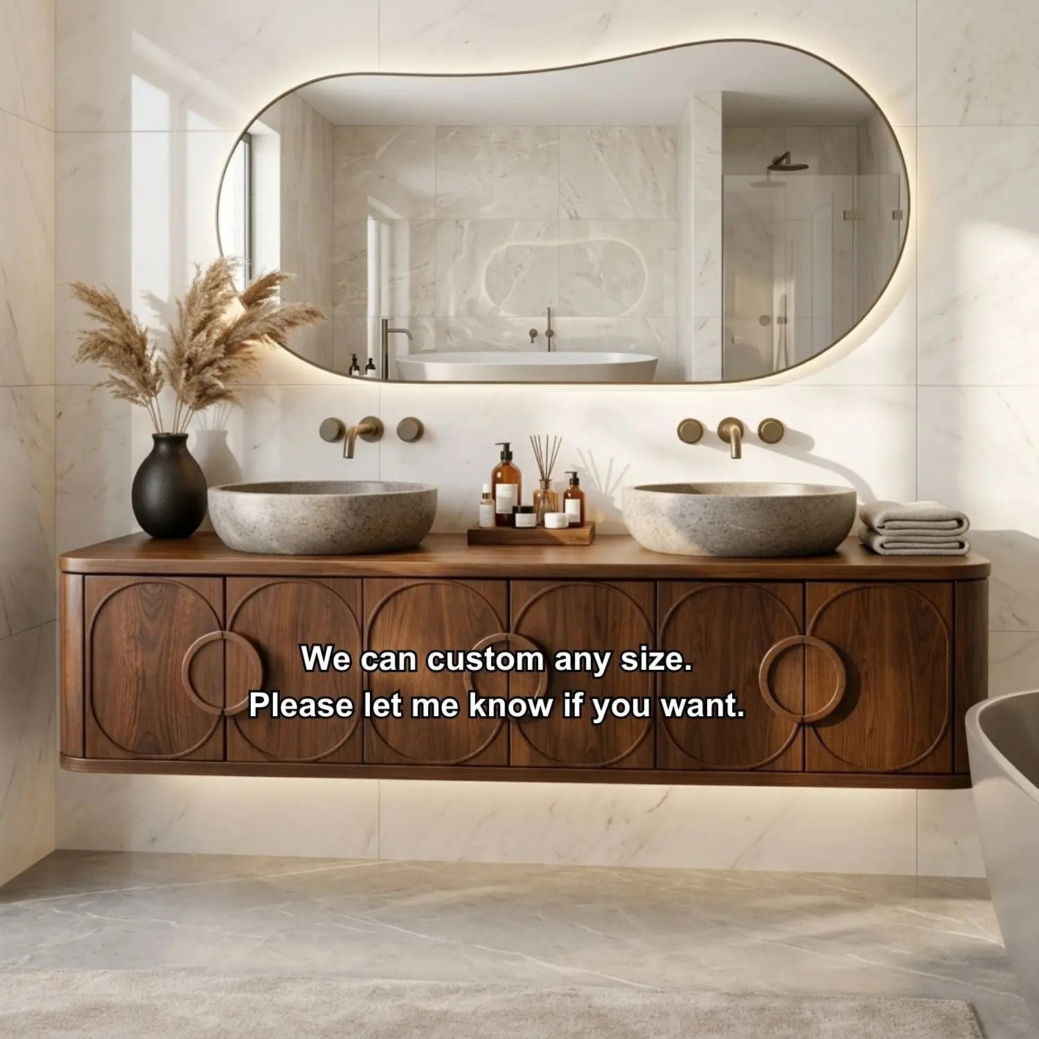 Floating Bathroom Vanity with Circular Carved Doors and Sculptural Ring Handles Kitchnce