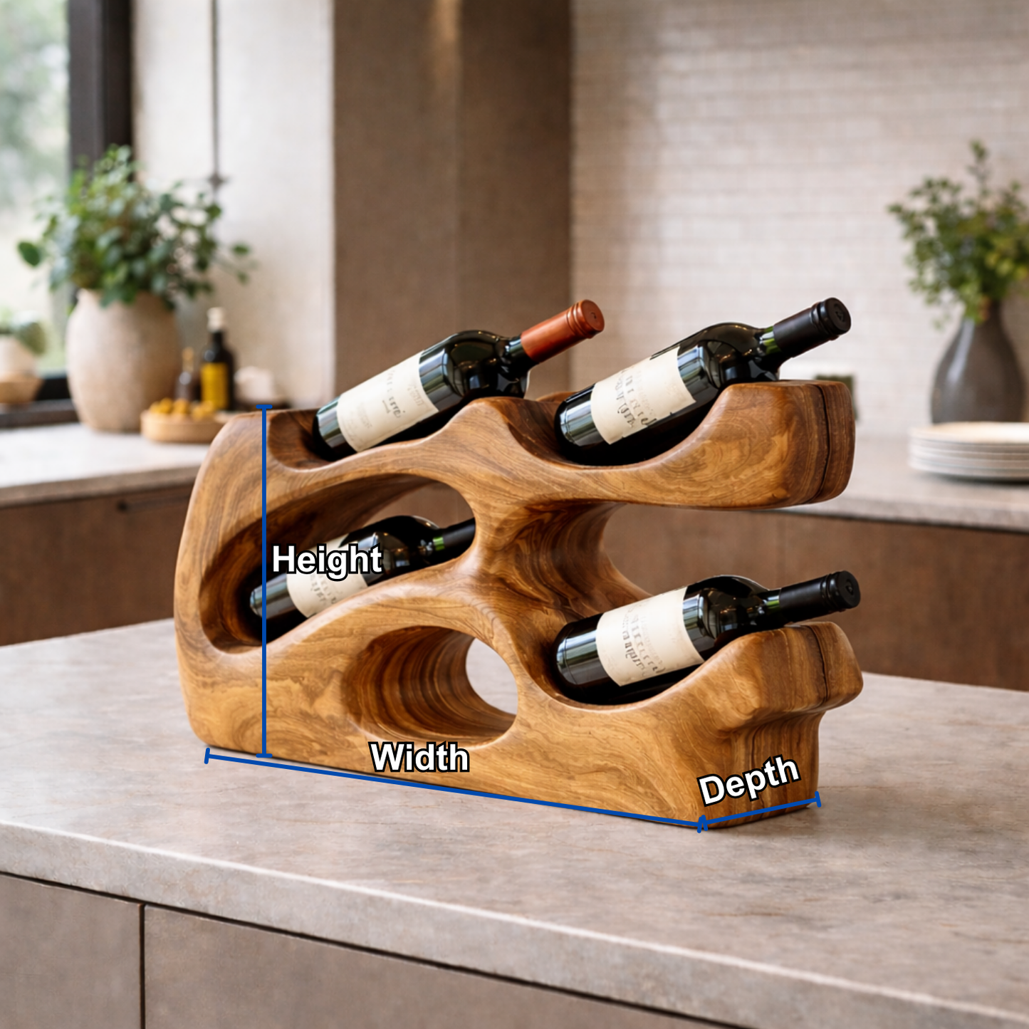 Handcrafted Solid Wood Countertop Wine Holder – Modern Sculptural Wine Rack