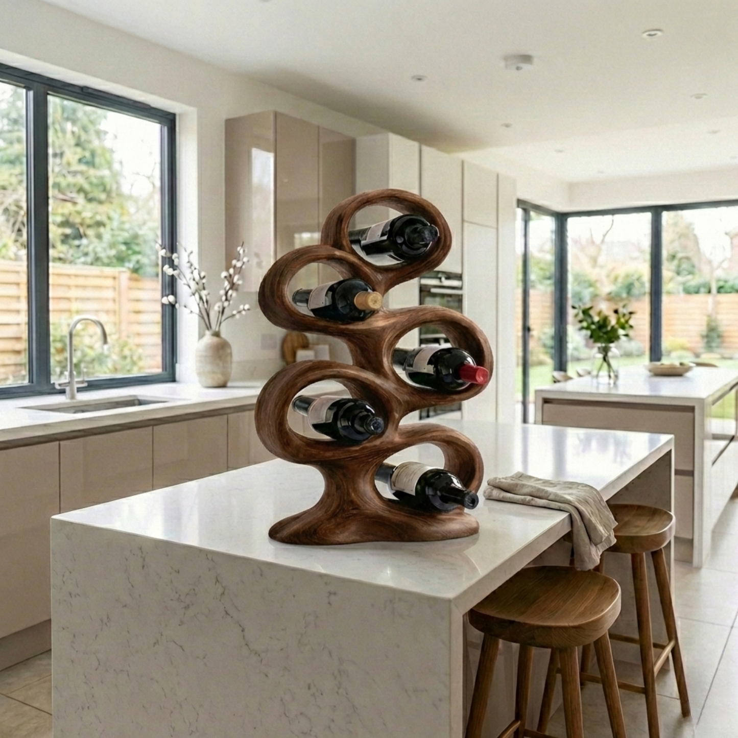Handcrafted Solid Wood Wine Holder – Sculptural Loop Countertop Wine Rack