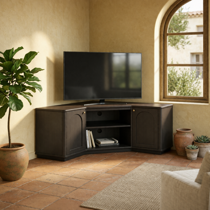 Solid Wood Corner TV Stand with Arched Cabinet Doors and Open Media Shelf