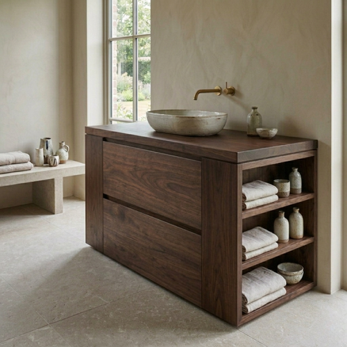 Solid Wood Bathroom Vanity with Double Drawers and Side Open Storage Shelves