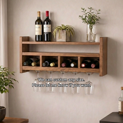 Handcrafted Wooden Wall Wine Rack with Glass Holder – Modern Home Bar Shelf