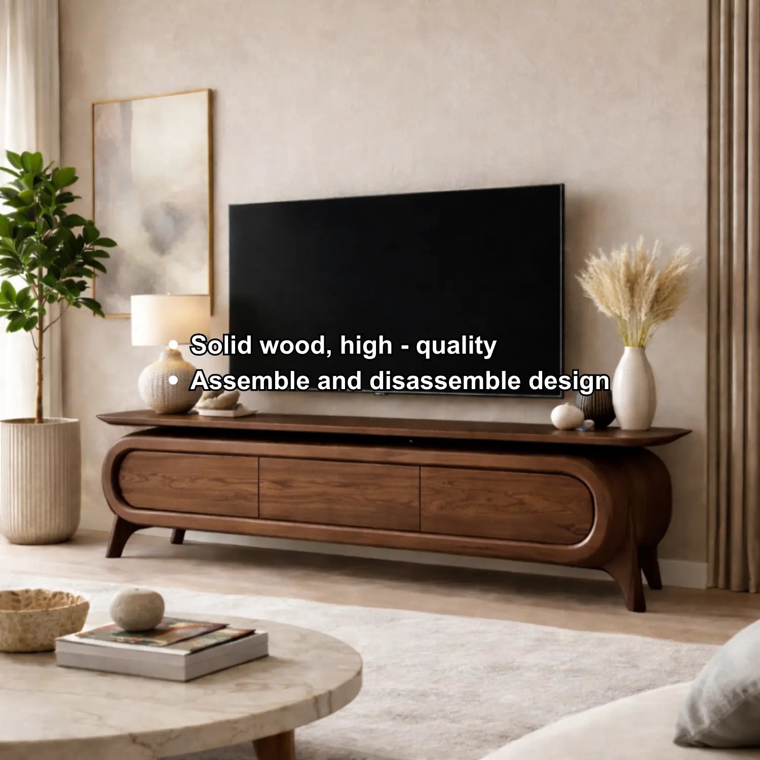 Solid Wood TV Stand with Rounded Frame Design and Three Drawer Media Storage Kitchnce