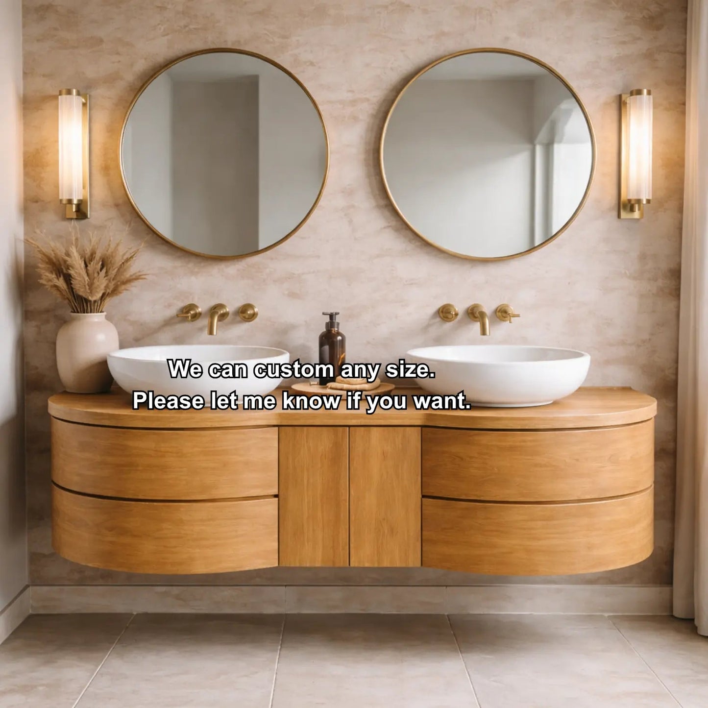 Floating Bathroom Vanity with Curved Ends Double Drawers and Center Cabinet Storage Kitchnce