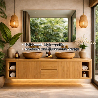 Solid Wood Floating Bathroom Vanity with Center Drawers and Open Side Shelves Storage Design Kitchnce