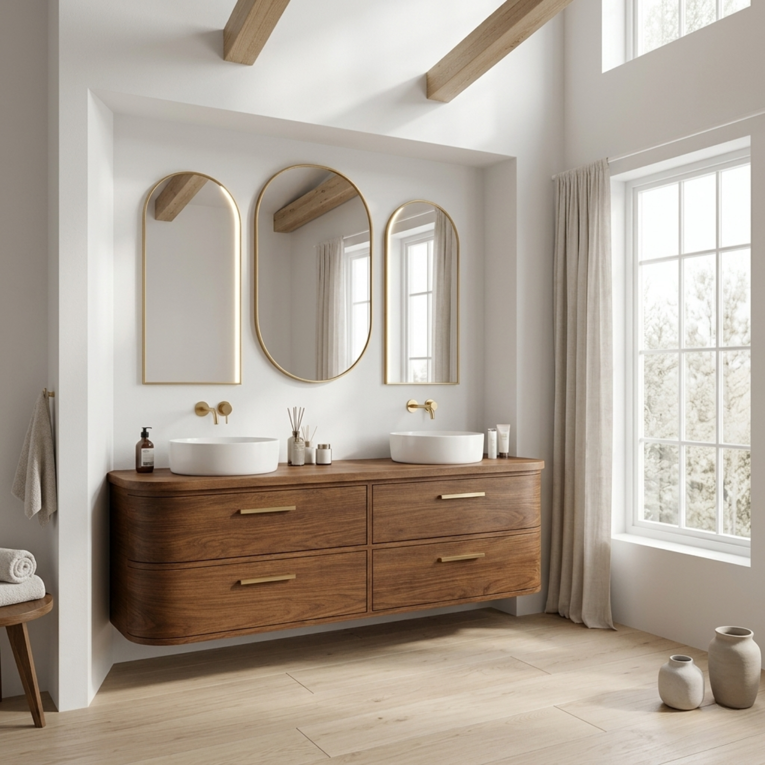 Handcrafted Curved Floating Double Vanity - Solid Wood Luxury Bathroom Cabinet Kitchnce