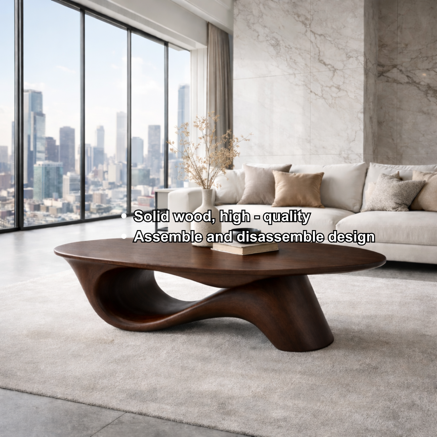 Organic Solid Wood Coffee Table with Sculpted Base – Modern Designer Living Room Table