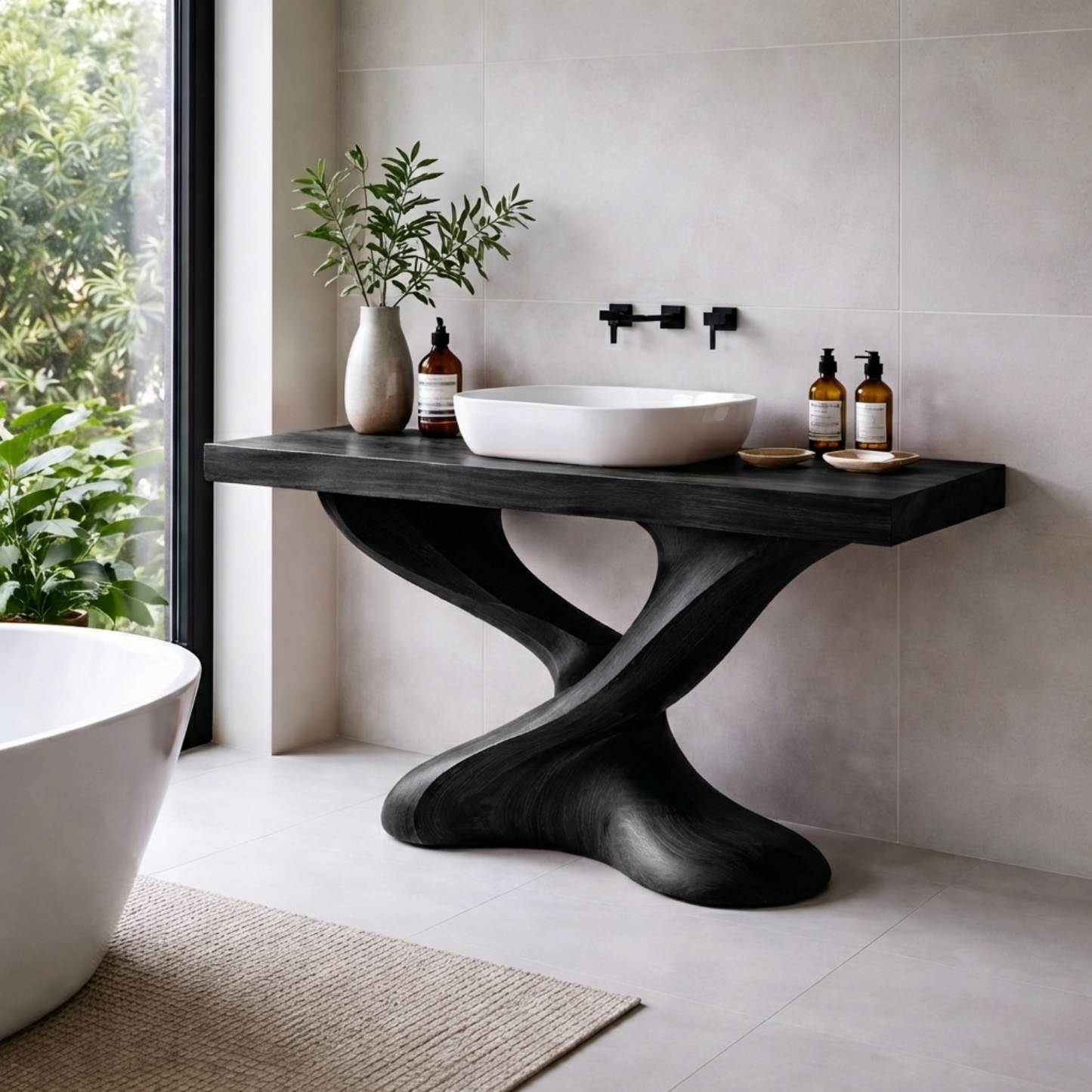 Solid Wood Bathroom Vanity with Sculptural Base – Modern Organic Wood Sink Vanity