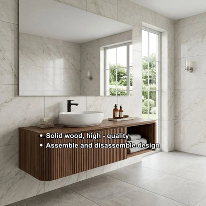 Floating Bathroom Vanity with Fluted Wood Front and Open Shelf Storage Kitchnce