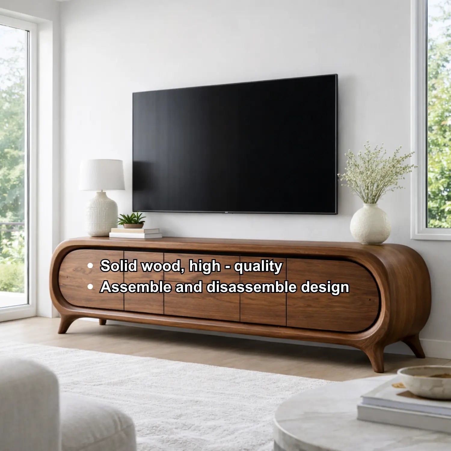 Solid Wood TV Stand with Rounded Edge Frame and Multi Door Media Storage Cabinet Kitchnce