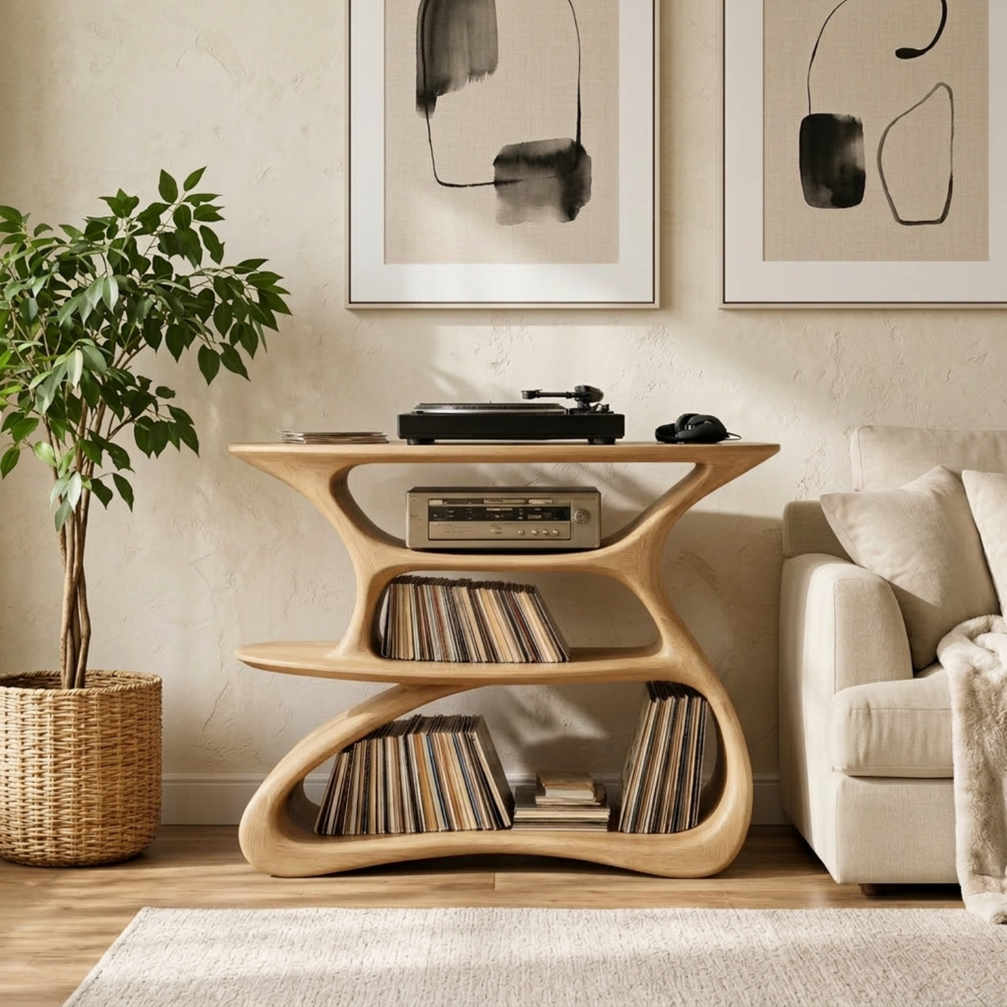 Solid Wood Record Player Stand with Vinyl Storage Shelves Kitchnce