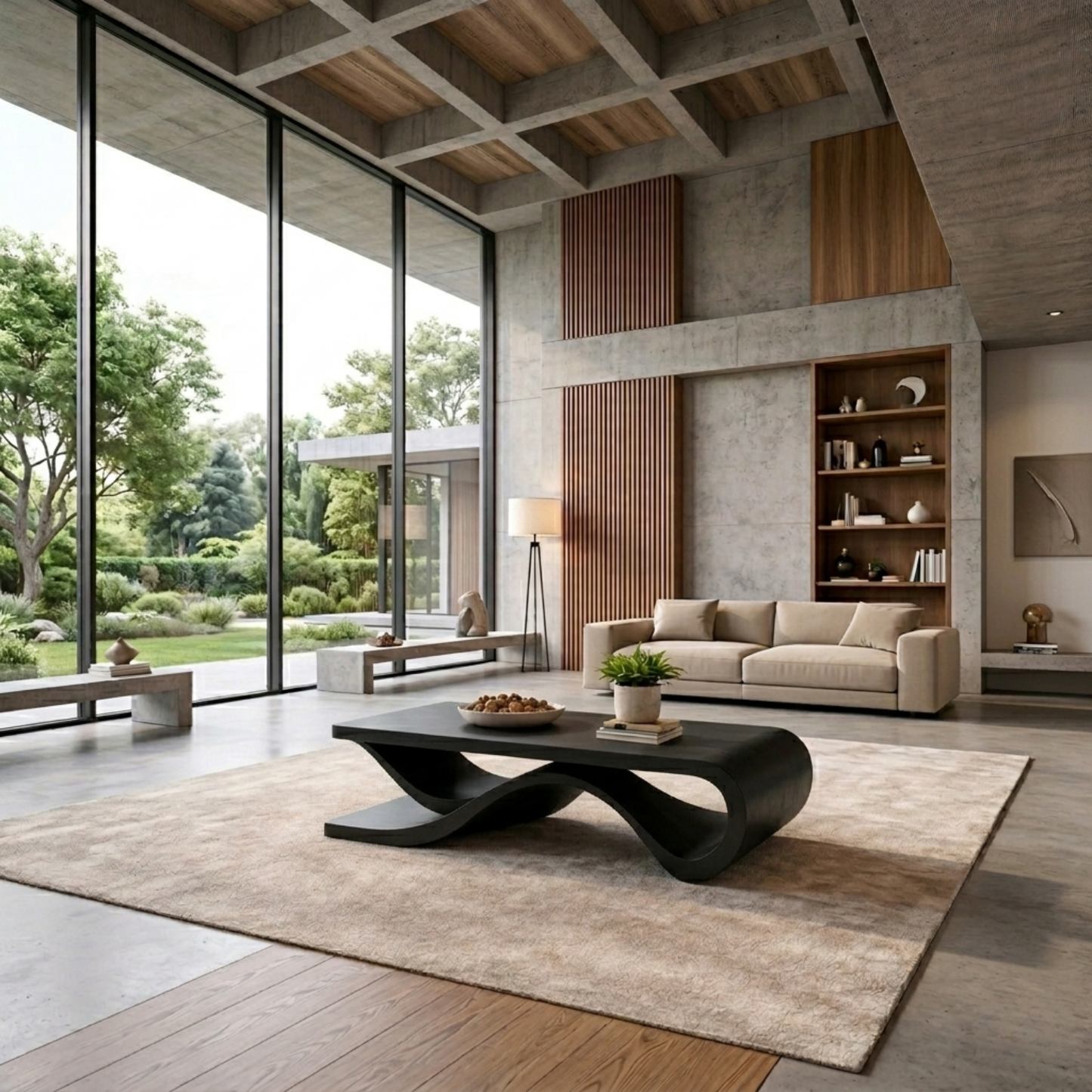 Solid Wood Coffee Table with Wave Sculptural Base – Modern Designer Living Room Table Kitchnce