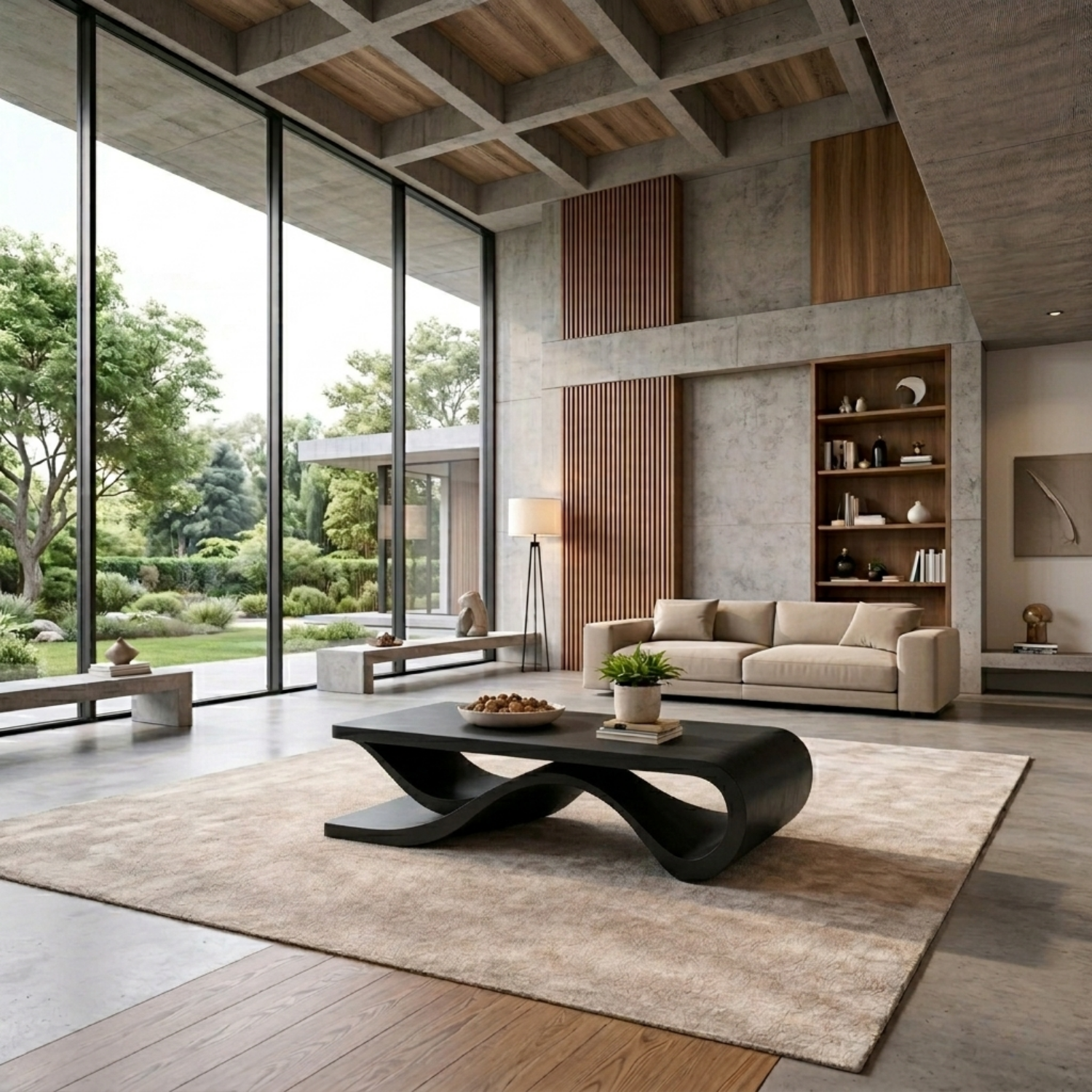 Solid Wood Coffee Table with Wave Sculptural Base – Modern Designer Living Room Table Kitchnce