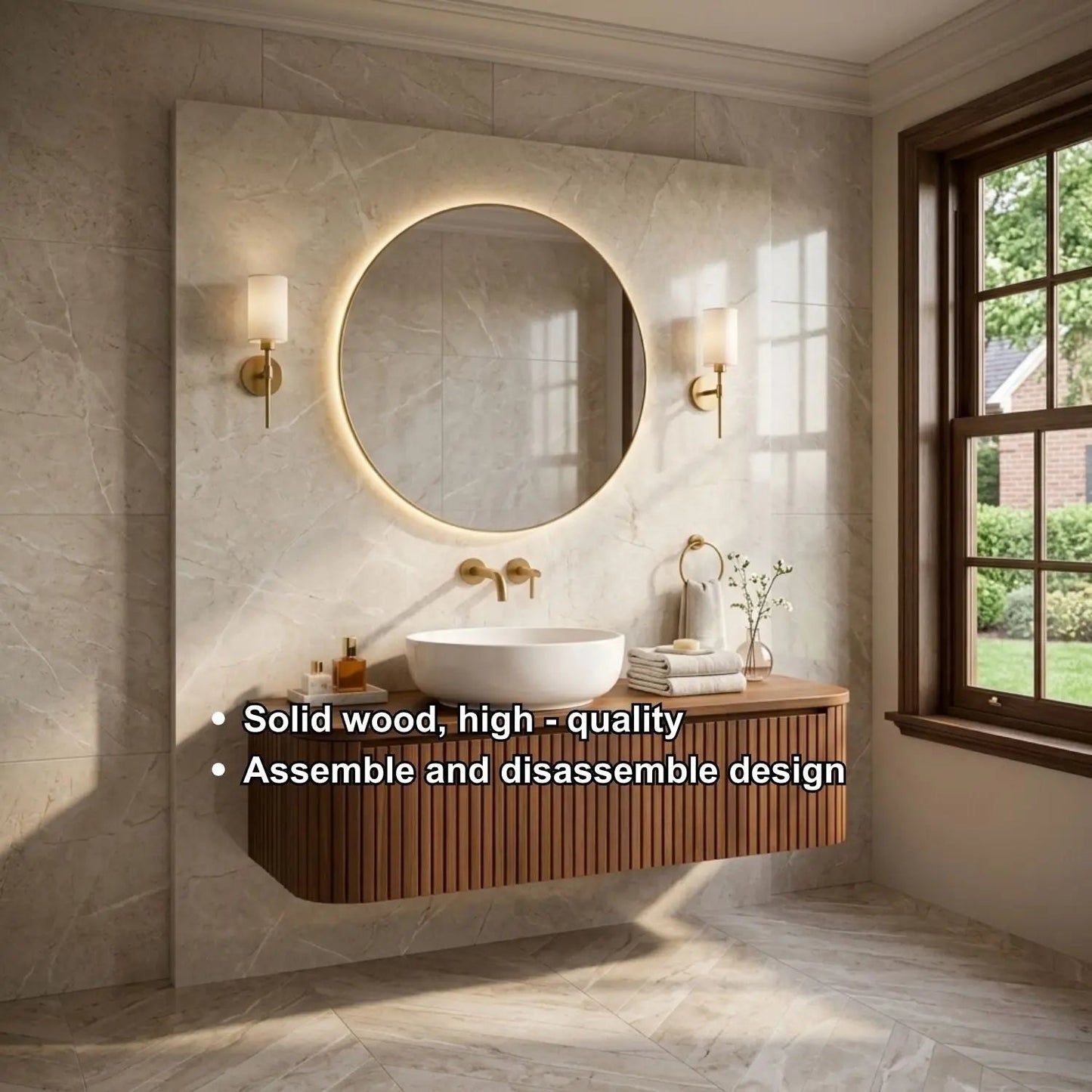 Floating Bathroom Vanity with Fluted Wood Panels and Rounded Edge Design Kitchnce