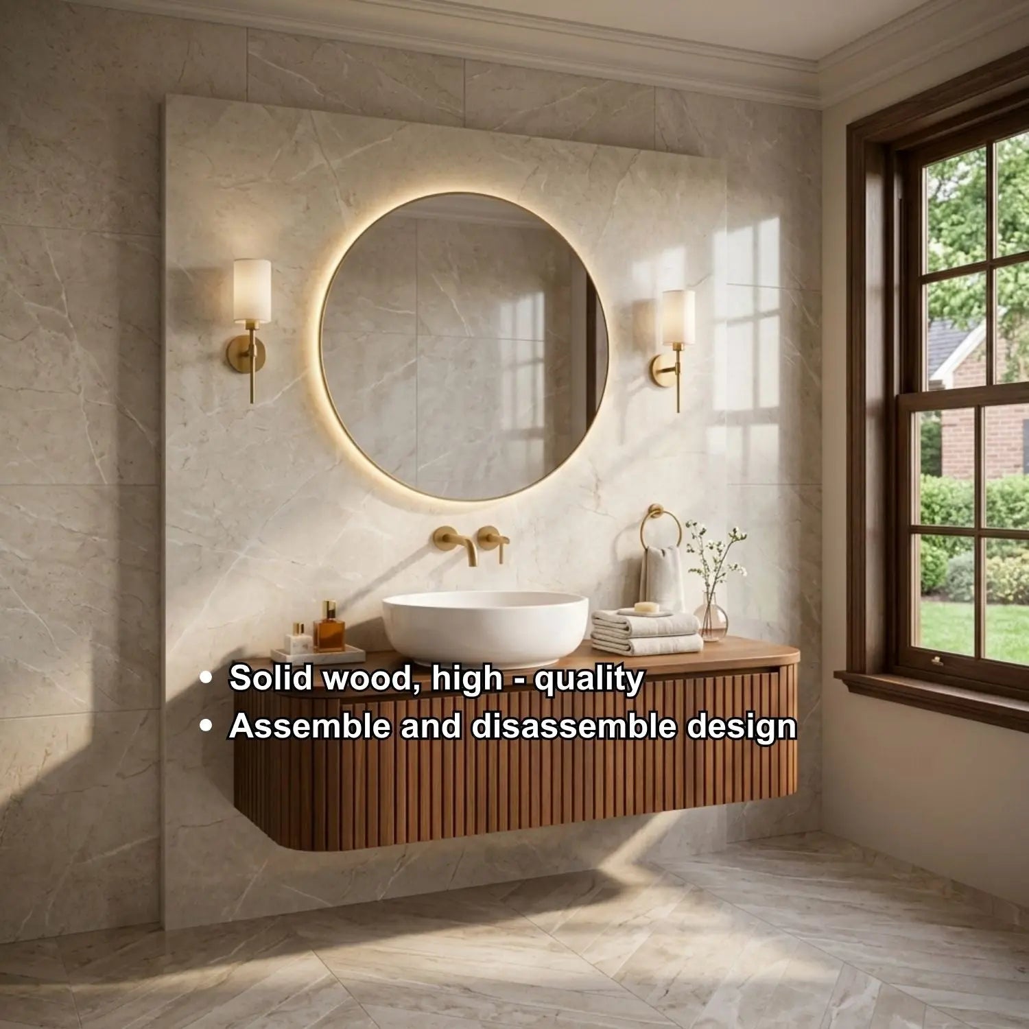 Floating Bathroom Vanity with Fluted Wood Panels and Rounded Edge Design Kitchnce