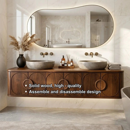 Floating Bathroom Vanity with Circular Carved Doors and Sculptural Ring Handles Kitchnce