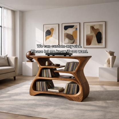 Sculptural Solid Wood Record Player Stand with Vinyl Record Storage Kitchnce