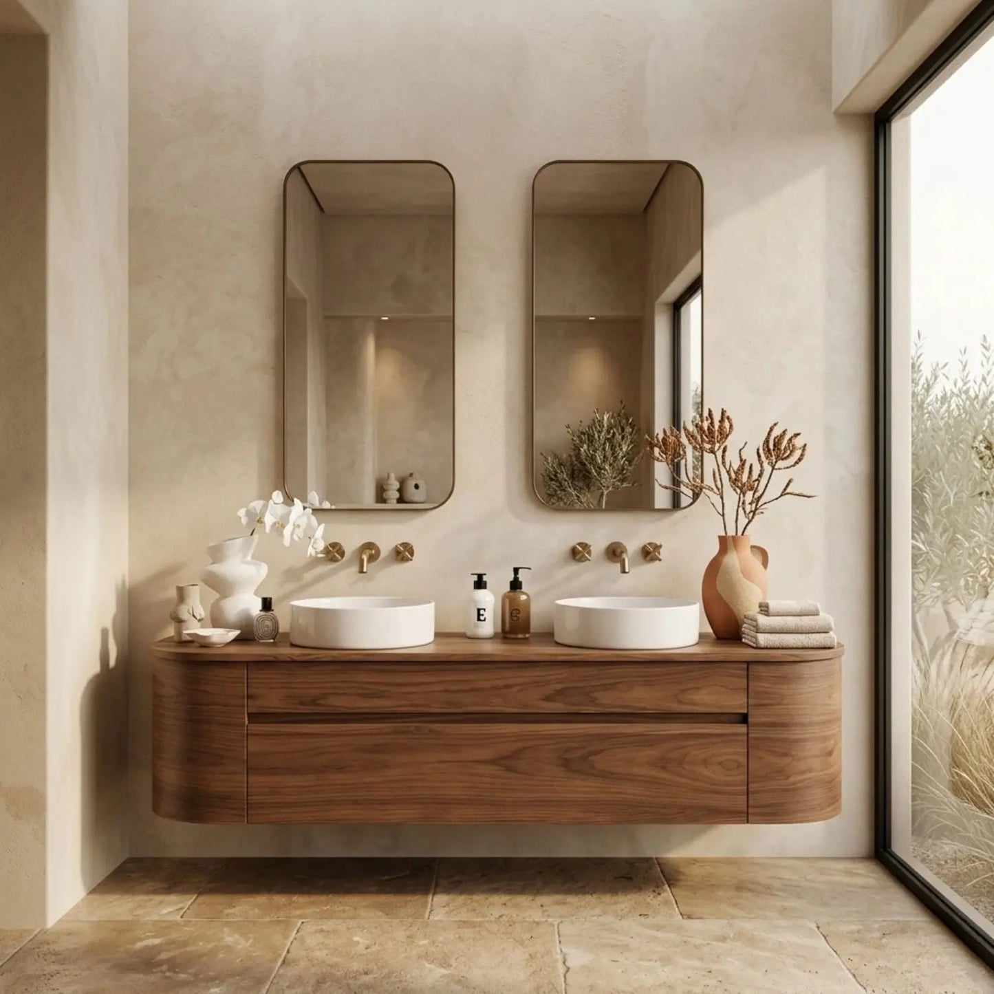 Handcrafted Wood Floating Double Vanity - Solid Wood Mid-Century Modern Bathroom Cabinet Kitchnce