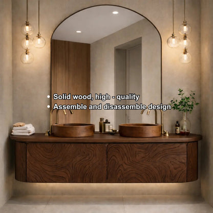 Floating Bathroom Vanity with Carved Wood Front and Rounded Edge Cabinet Design Kitchnce