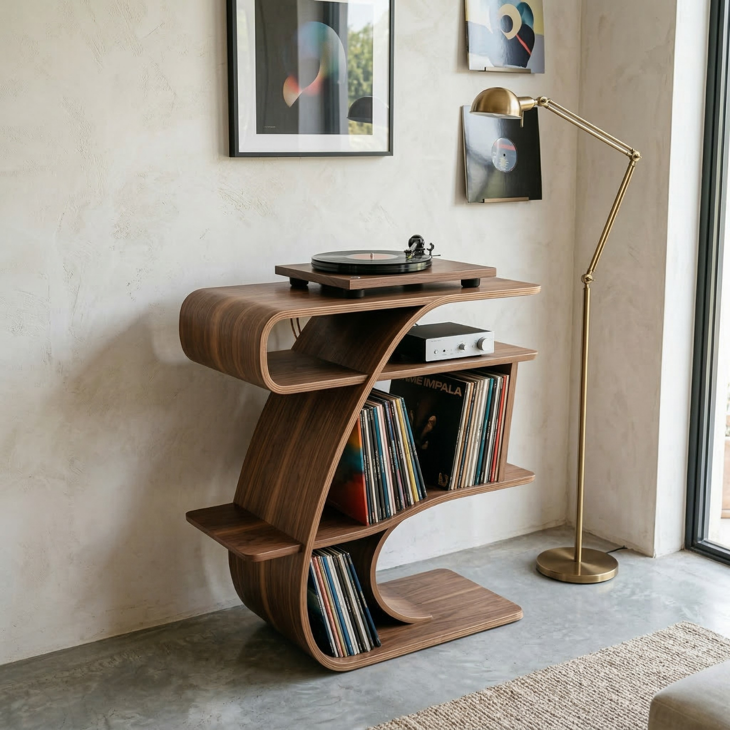 S-Curve Solid Wood Record Player Stand with Vinyl Storage Shelves Kitchnce