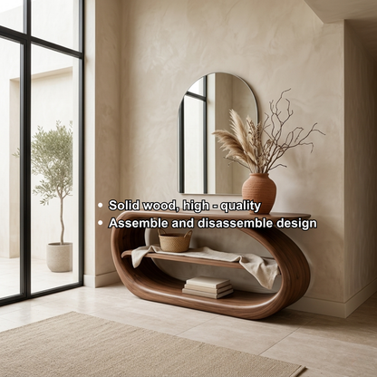 Sculptural Solid Wood Console Table with Curved Base and Shelf – Modern Entryway Table