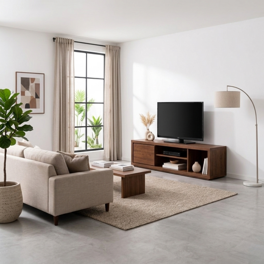 Solid Wood TV Stand with Sliding Door and Open Shelves – Modern Media Console Kitchnce