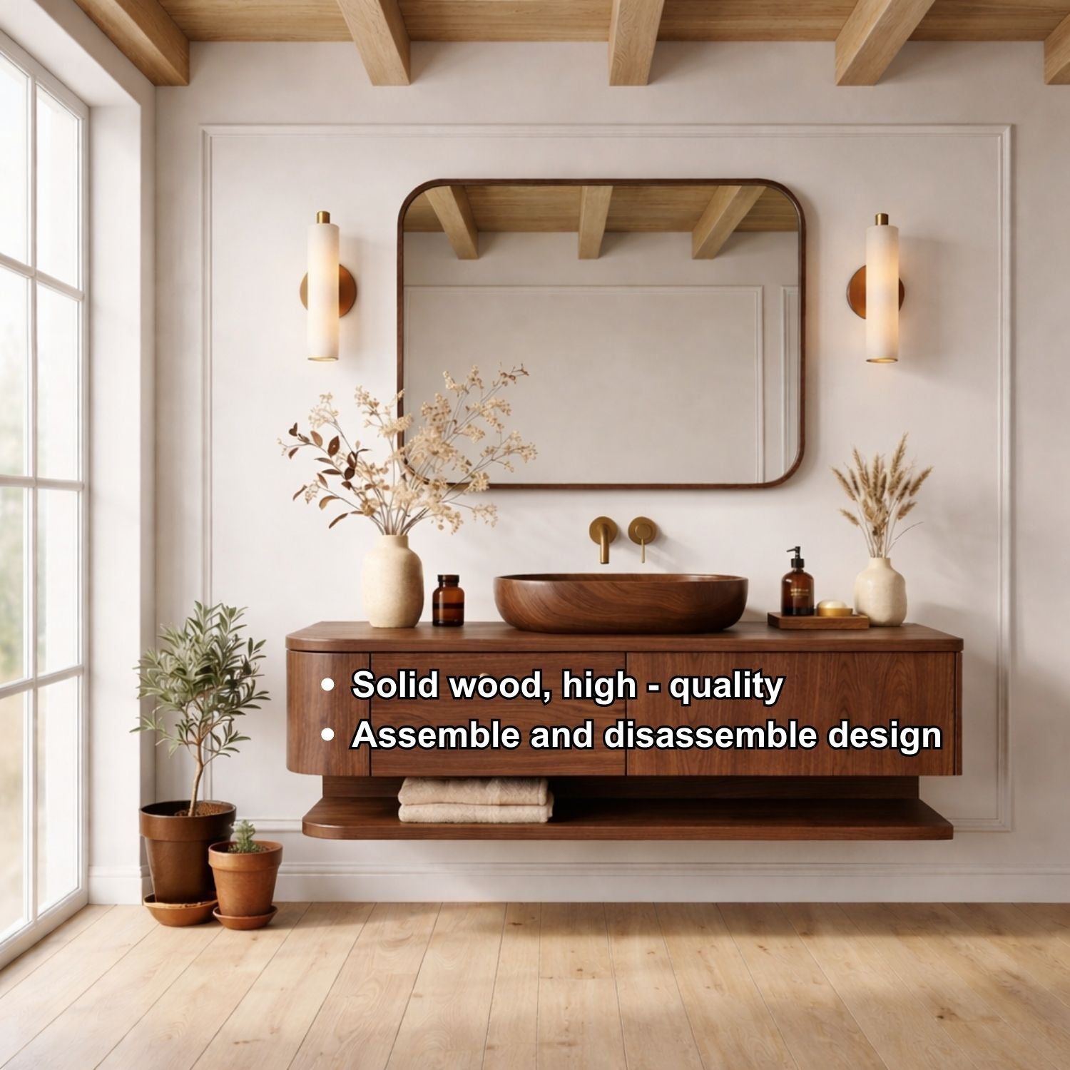 Floating Bathroom Vanity with Open Shelf and Spacious Drawers – Handcrafted Solid Wood Design Kitchnce