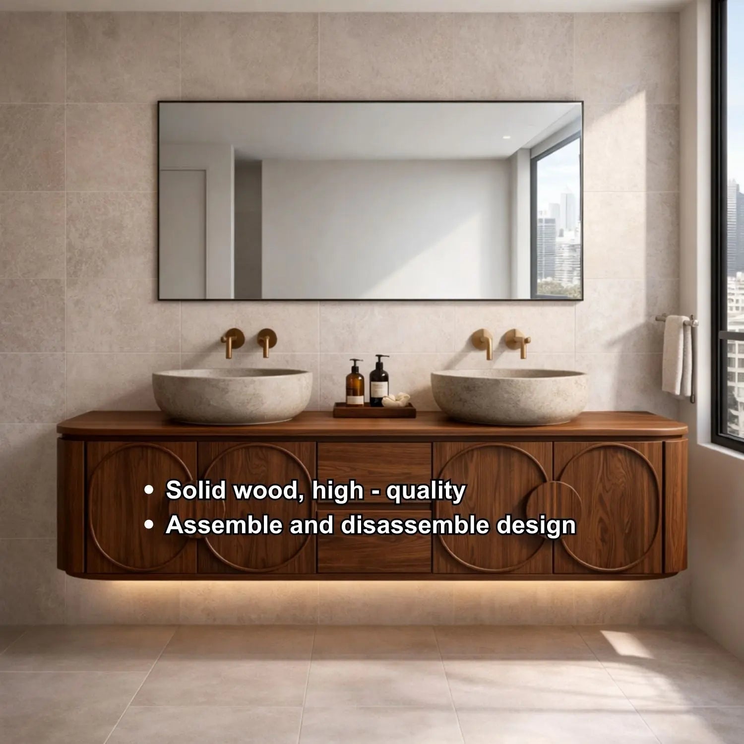 Floating Bathroom Vanity with Circular Panel Doors and Center Drawer Storage Kitchnce