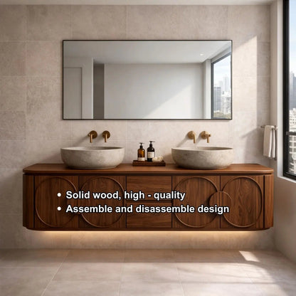 Floating Bathroom Vanity with Circular Panel Doors and Center Drawer Storage Kitchnce