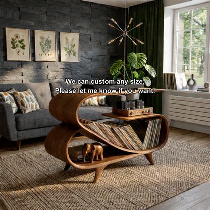 Wave Curve Solid Wood Record Player Stand with Vinyl Storage Shelf Kitchnce