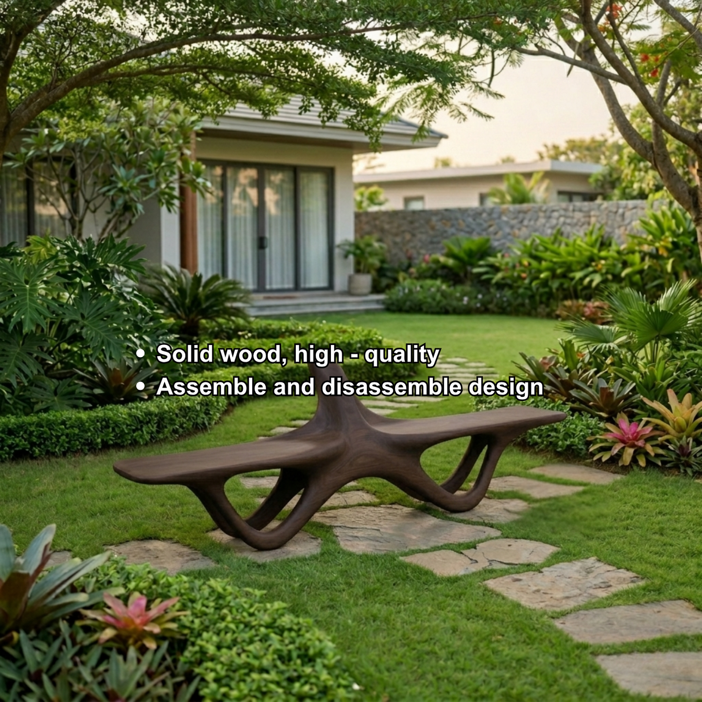 Solid Wood Outdoor Bench Sculptural Organic Form with Curved Flowing Base Design