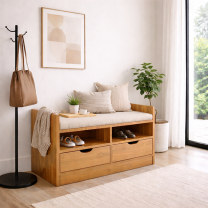 Solid Wood Storage Bench with Drawers & Open Shelf Entryway Shoe Organizer