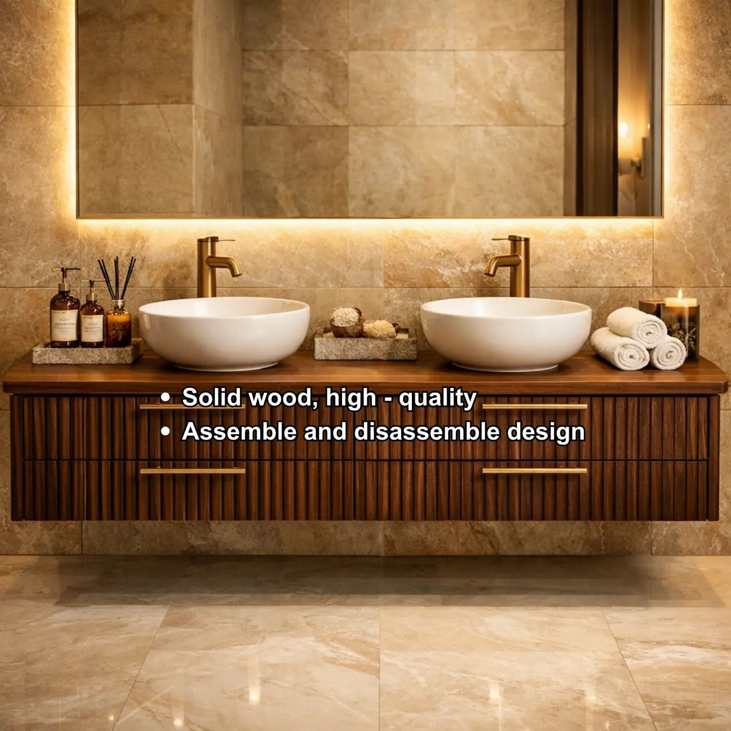Floating Bathroom Vanity with Fluted Wood Front and Four Drawer Storage Design Kitchnce