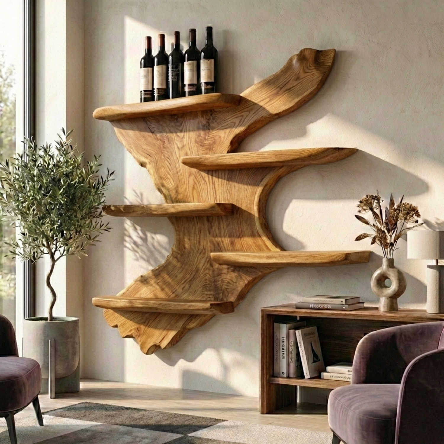 Handcrafted Solid Wood Wall Wine Holder – Sculptural Floating Wine Rack