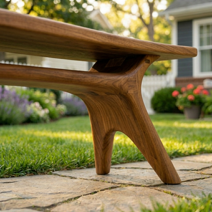 Solid Wood Outdoor Bench with Sculptural Tapered Legs and Floating Seat Design