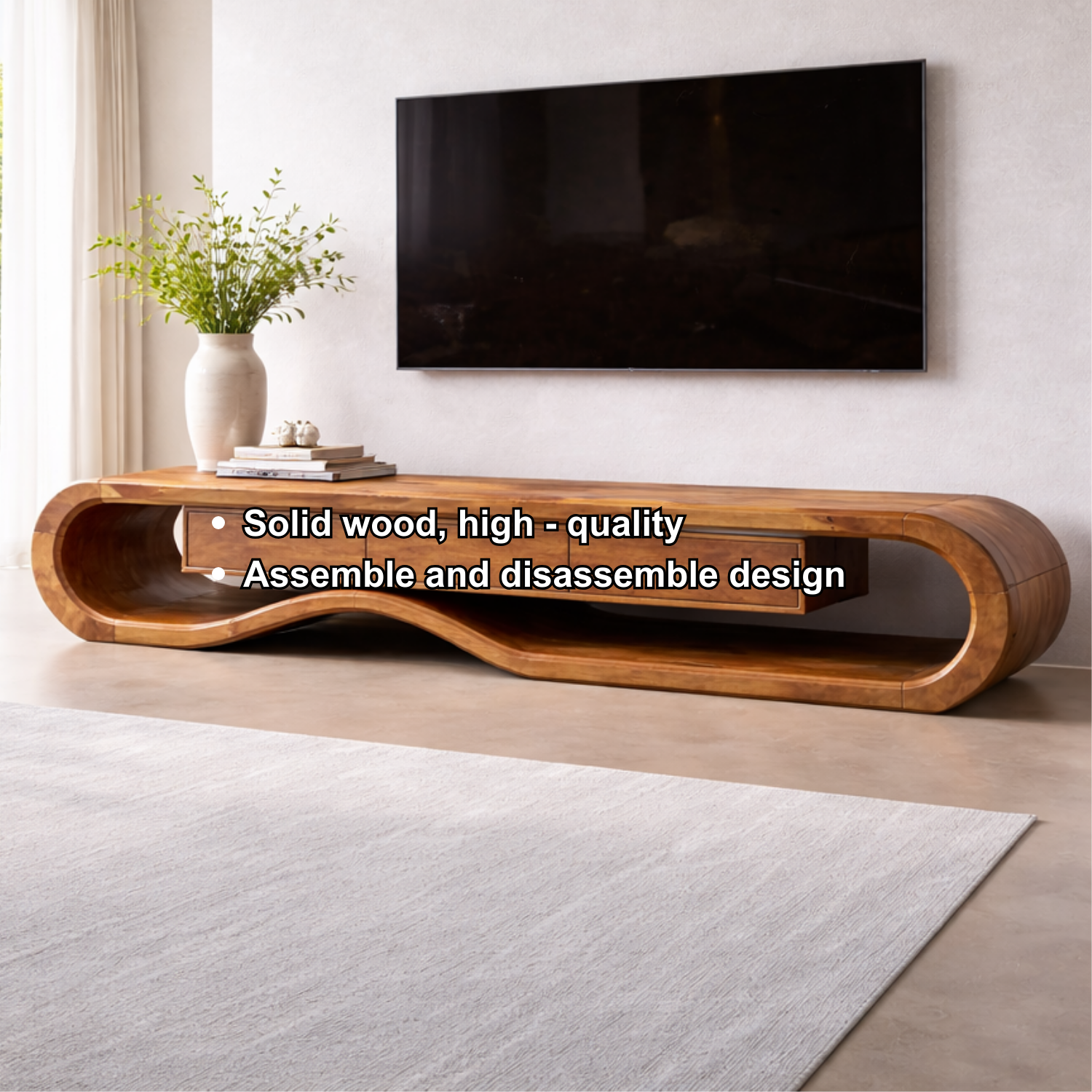Solid Wood TV Stand with Curved Design and Ample Storage Kitchnce
